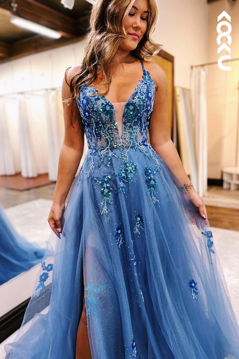L2626 - Couture & Ornate V-Neck A-line Tulle Criss-Cross Straps Tulle Party Prom Dress With Applique