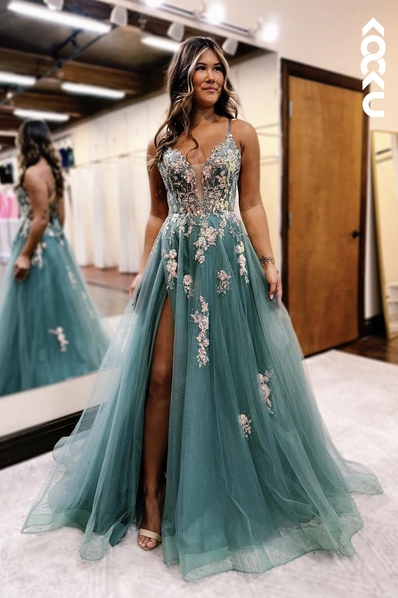 L2626 - Couture & Ornate V-Neck A-line Tulle Criss-Cross Straps Tulle Party Prom Dress With Applique