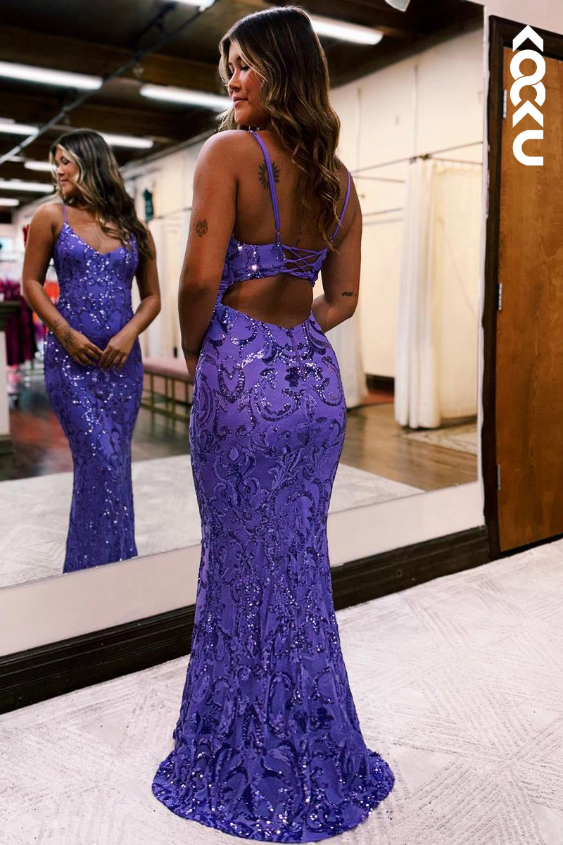 L2618 - Sexy & Sparkly Spaghetti Straps V-Neck Sheath Backless Sequins Evening Party Prom Dress