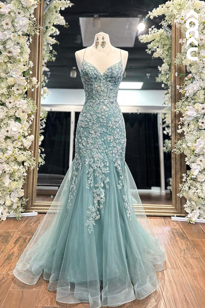 L2649 - Gorgeous & Charming  Spaghetti Straps Mermaid Allover Applique Backless Prom Dress
