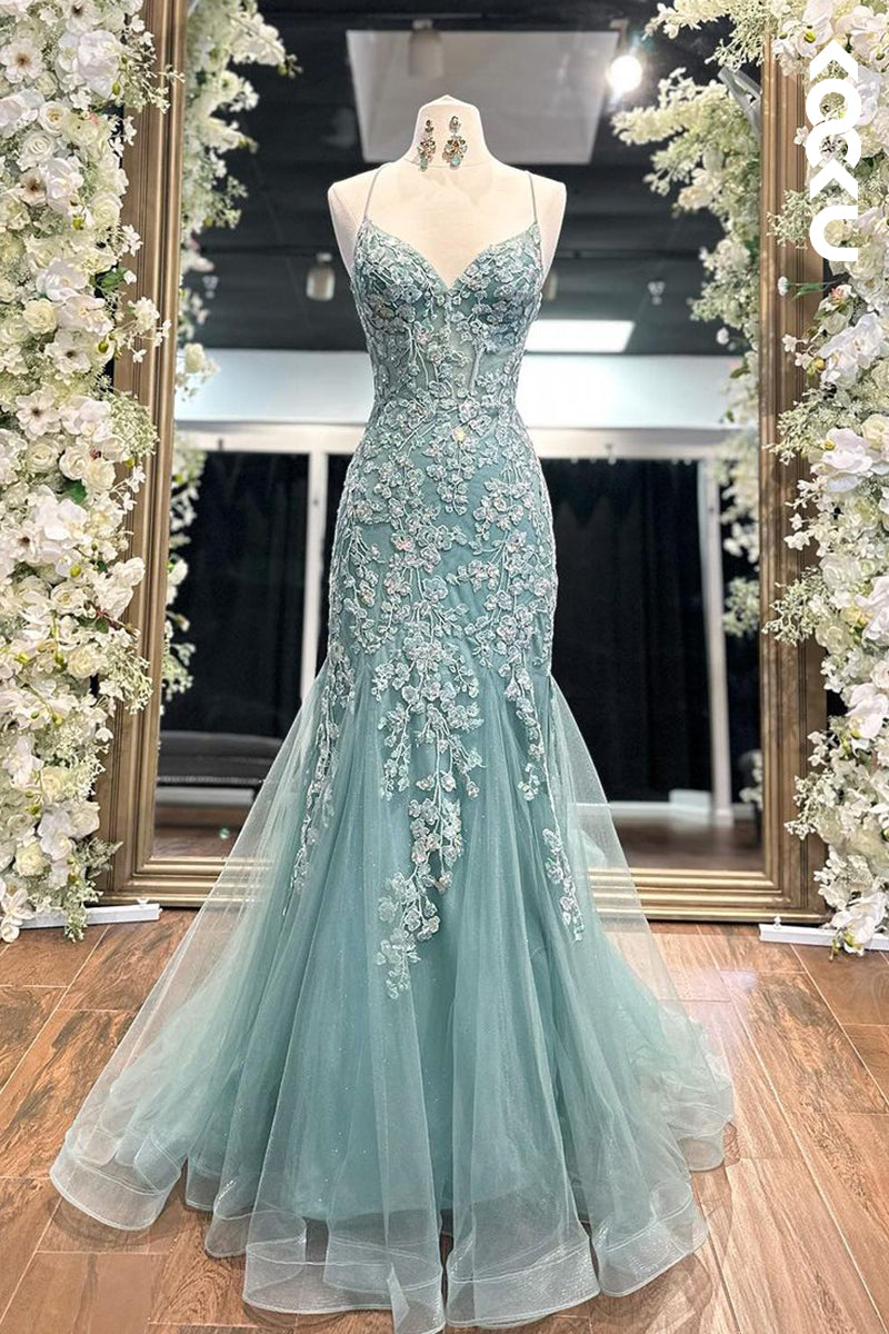 L2649 - Gorgeous & Charming  Spaghetti Straps Mermaid Allover Applique Backless Prom Dress