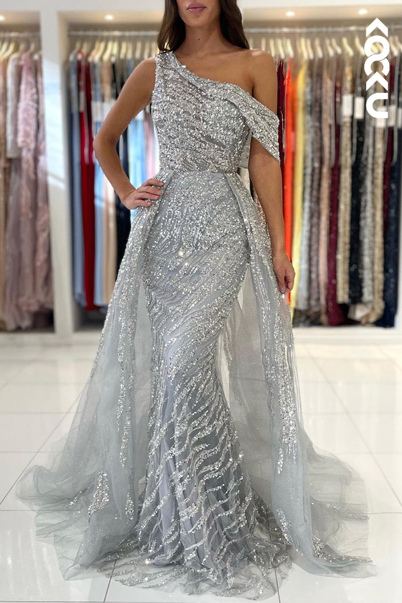 L2458 - Chic & Sparkly One shoulder Mermaid Sleeveless Evening Party Prom Dress