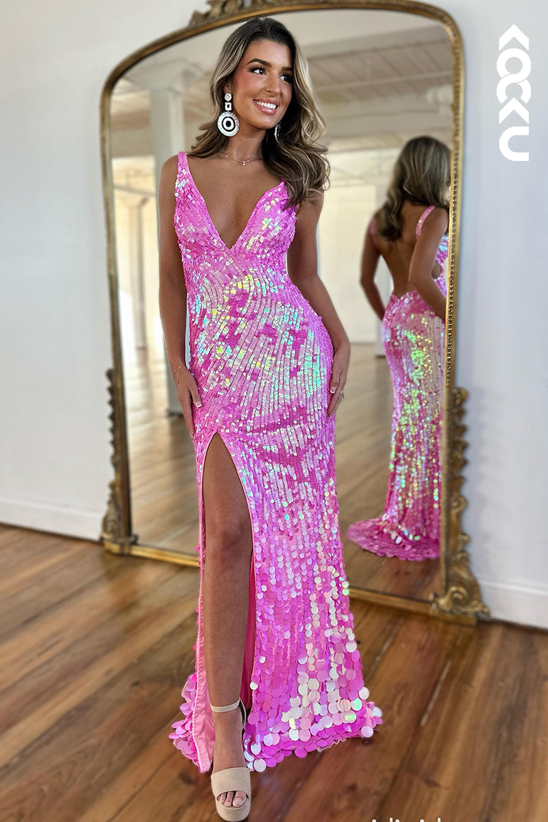 L2564 - Chic & Modern V-neck Sparkly Sleevelss Sheath Side Slit Evening Party Prom Dress