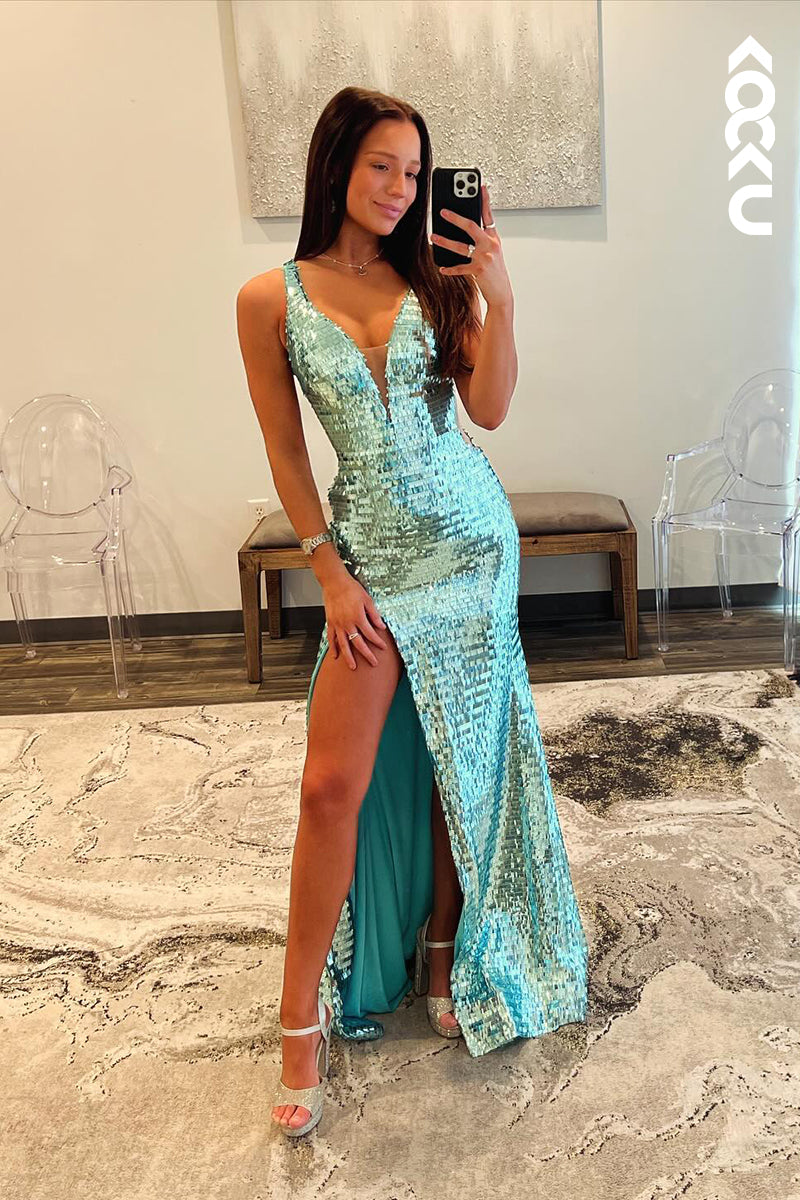 L2647 - Couture & Ornate Straps V-Neck Side Slit Sparkly Side Slit Evening Party Prom Dress
