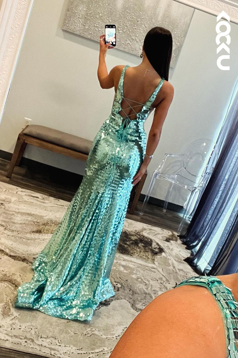 L2647 - Couture & Ornate Straps V-Neck Side Slit Sparkly Side Slit Evening Party Prom Dress