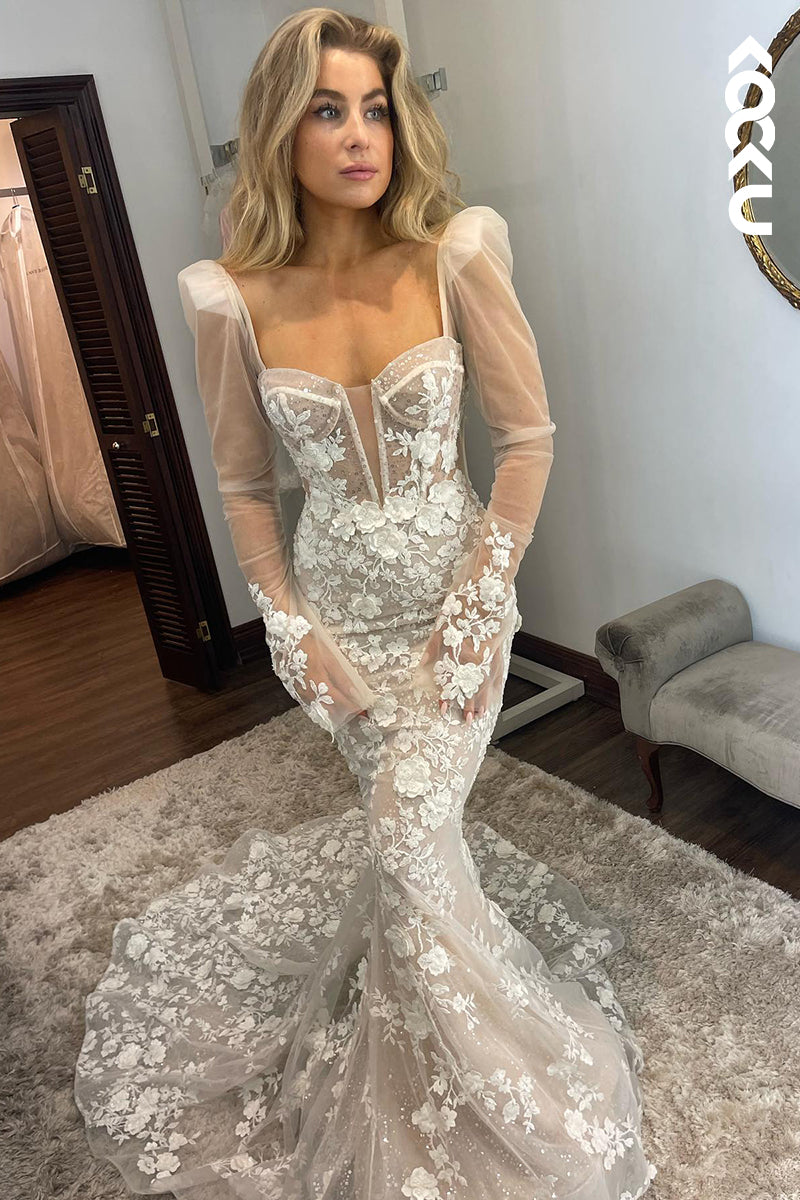 K1879 - Glamorous & Dramatic Square Long Sleeves Mermaid Applique Wedding Dress