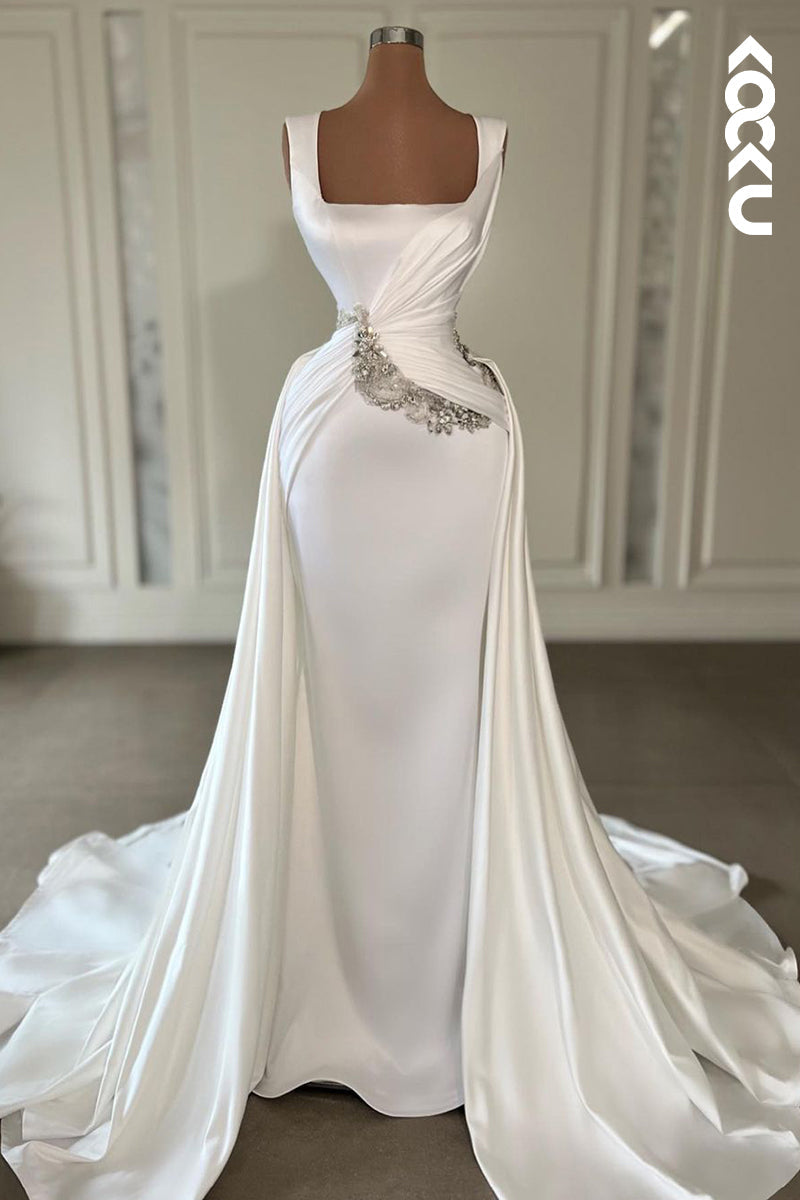 L2370 - Couture & Ornate Square Straps Sheath Ruched Formal Prom Dress With Beaded