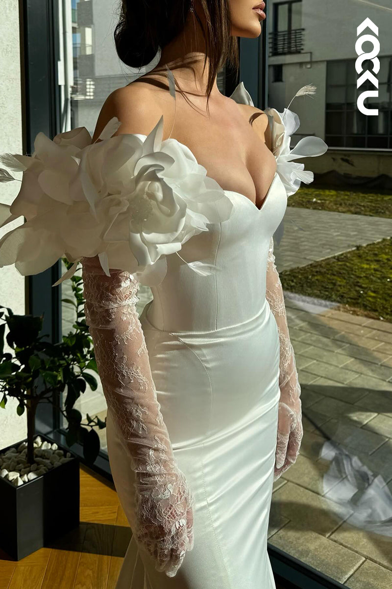L2783 - Gorgeous & Charming Long Sleeves Mermiad Strapless Satin Formal Prom Dress With Flower
