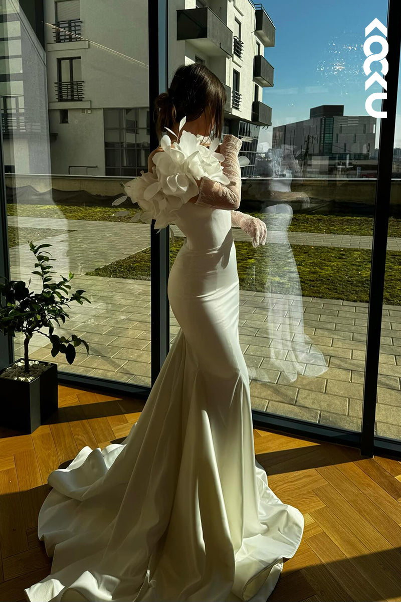 L2783 - Gorgeous & Charming Long Sleeves Mermiad Strapless Satin Formal Prom Dress With Flower