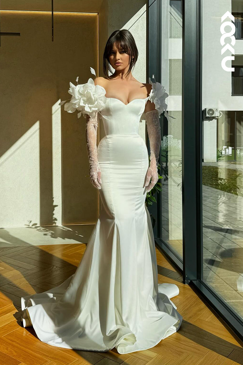 L2783 - Gorgeous & Charming Long Sleeves Mermiad Strapless Satin Formal Prom Dress With Flower
