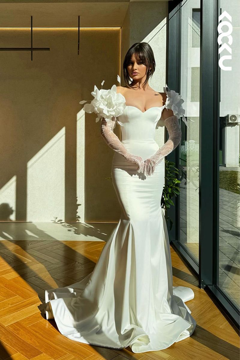 L2783 - Gorgeous & Charming Long Sleeves Mermiad Strapless Satin Formal Prom Dress With Flower