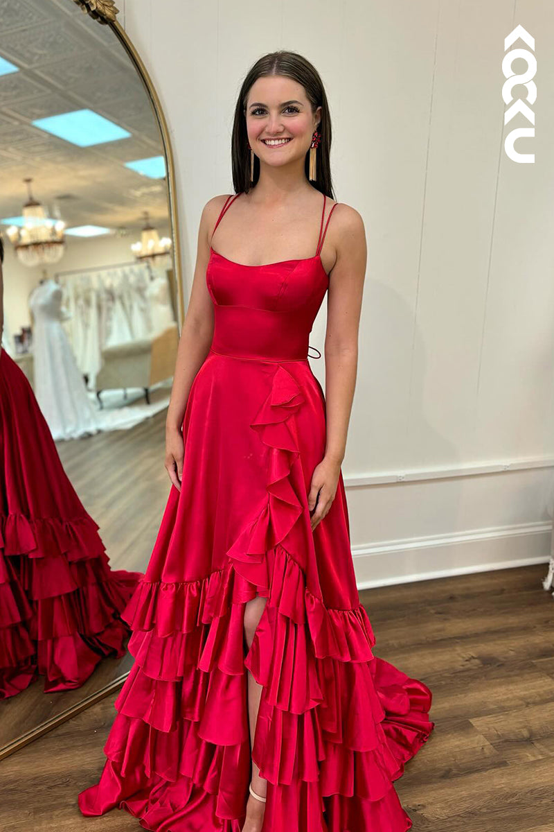 L2972 - Chic & Modern Spaghetti Criss-Cross Straps A-Line Slit Square Party Prom Dress