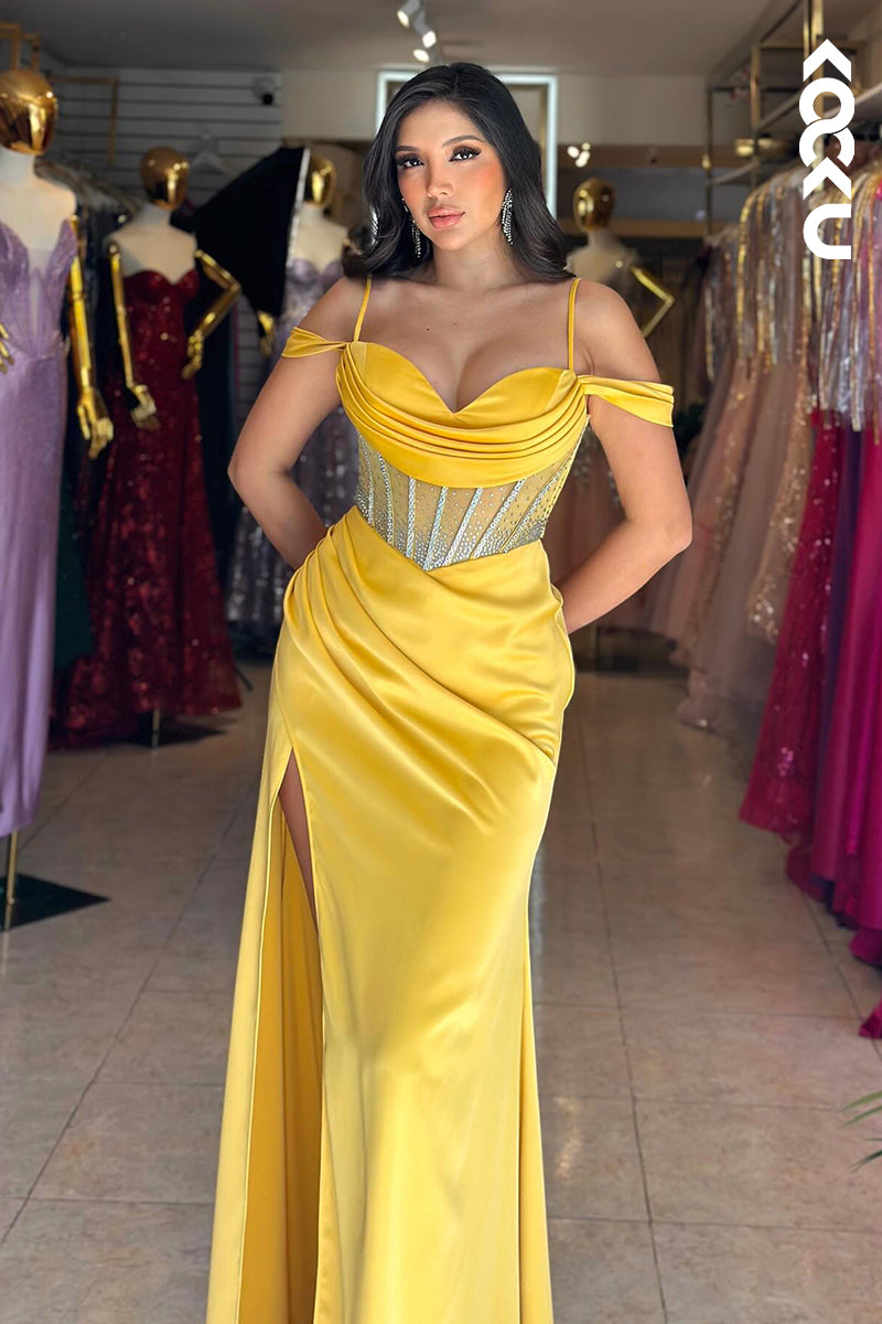 L2789 - Couture & Ornate Spaghetti Straps Cap Sleeves Sheath Slit Ruched Formal Party Prom Dress