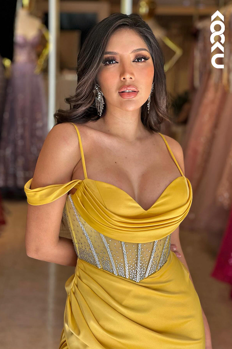 L2789 - Couture & Ornate Spaghetti Straps Cap Sleeves Sheath Slit Ruched Formal Party Prom Dress