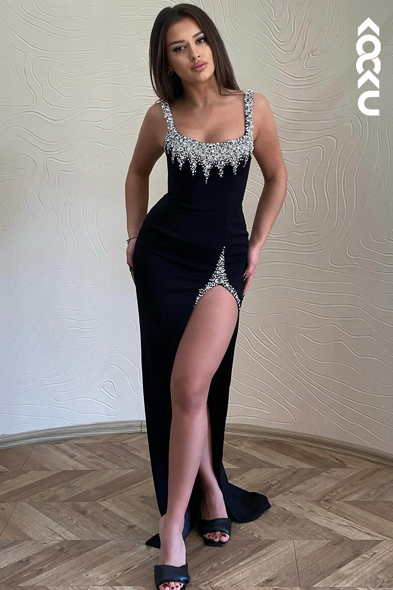 L2769 - Chic & Morden Straps Sccop Rhinstone Side Slit Sheath Evening Party Prom Dress