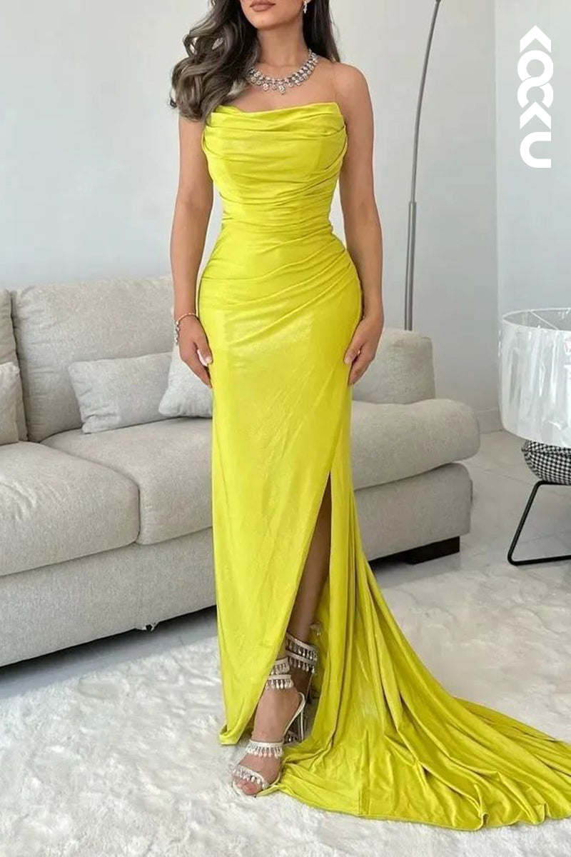 L2345 - Chic & Elegant Off-Shoulder Sleeveless Ruched Slit Prom Dress