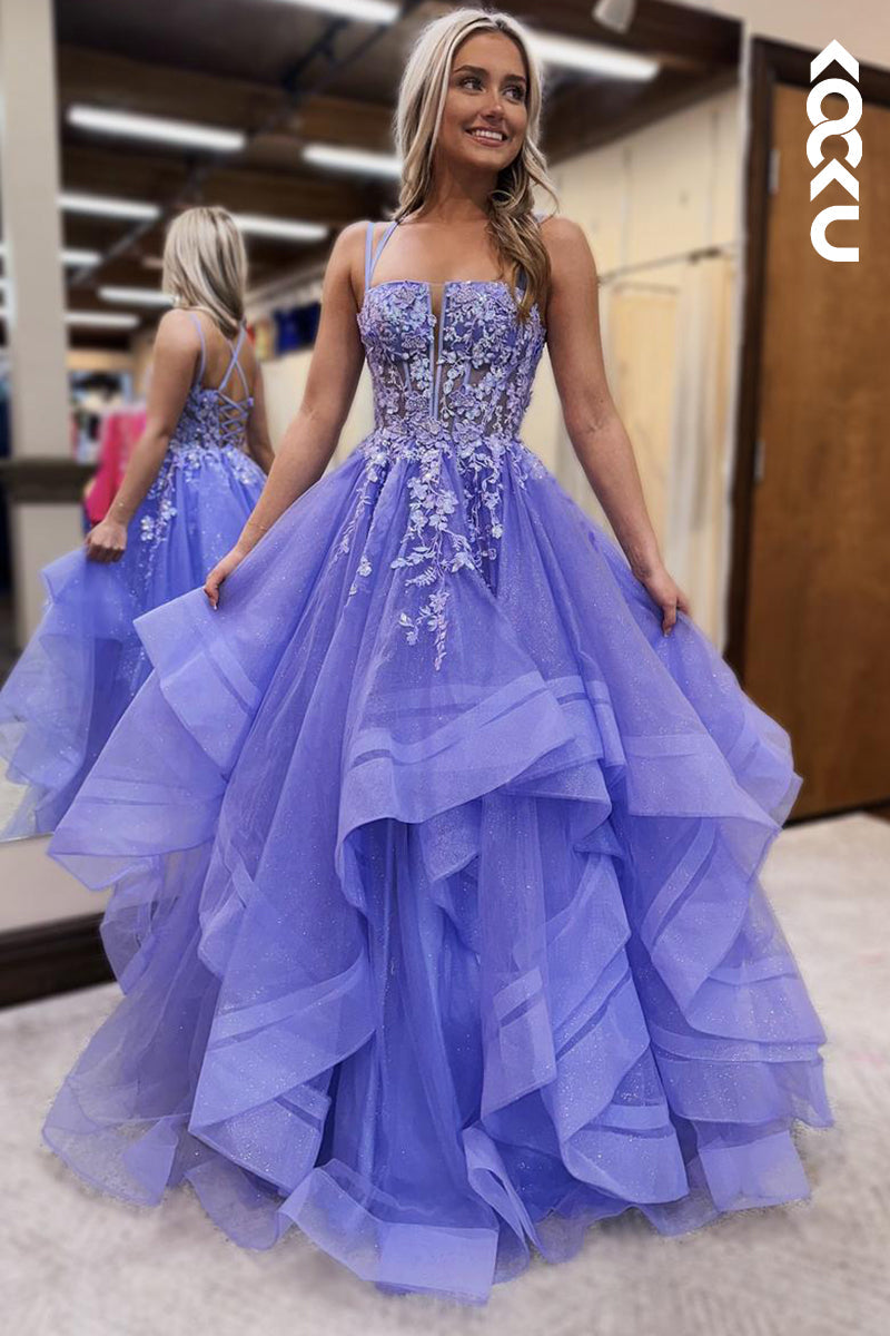 L2627 - Classic & Timeless Criss-Cross Straps Sleeveless A-line Tulle Party Prom Dress With Applique