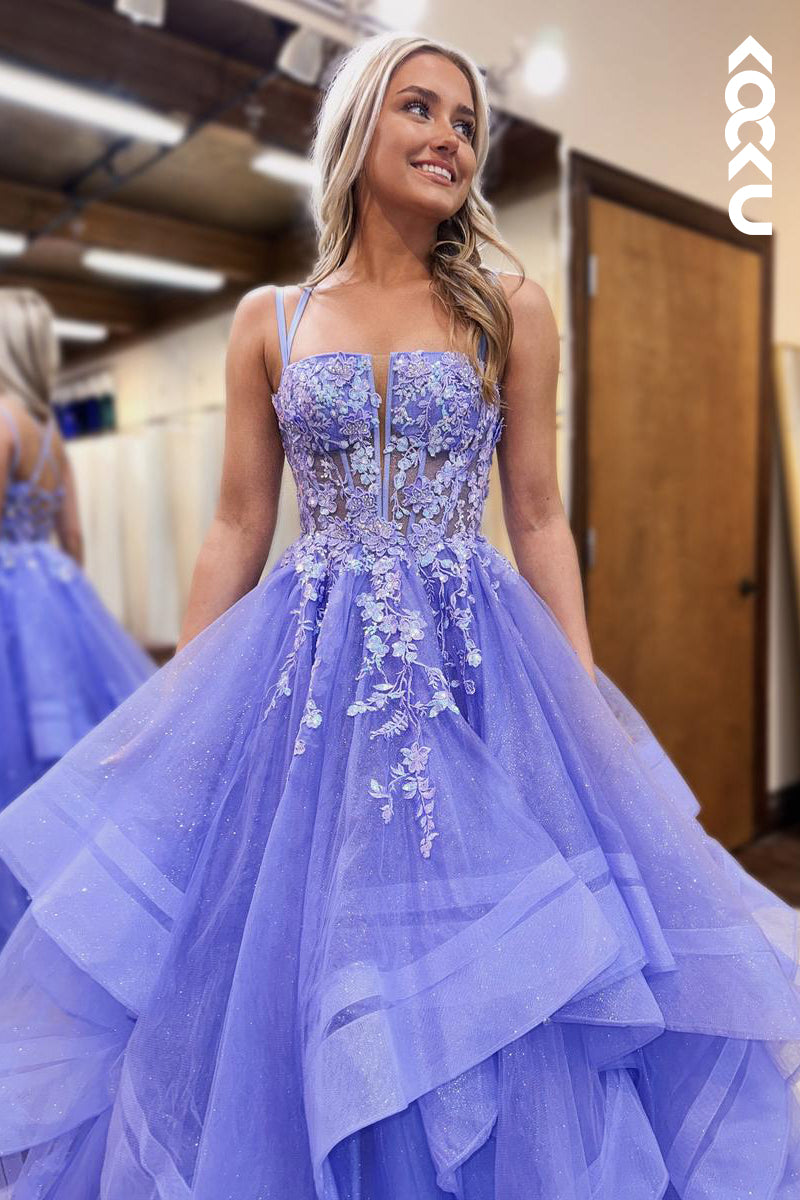L2627 - Classic & Timeless Criss-Cross Straps Sleeveless A-line Tulle Party Prom Dress With Applique