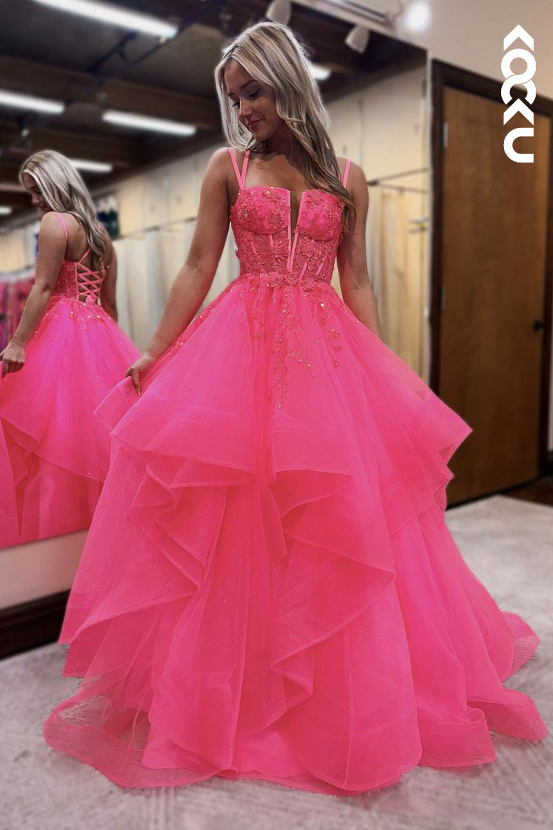 L2627 - Classic & Timeless Criss-Cross Straps Sleeveless A-line Tulle Party Prom Dress With Applique