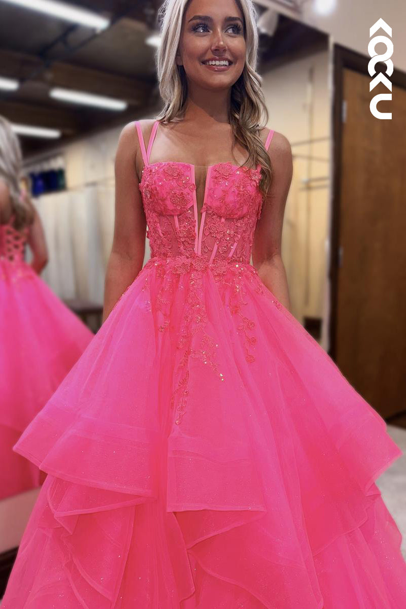 L2627 - Classic & Timeless Criss-Cross Straps Sleeveless A-line Tulle Party Prom Dress With Applique