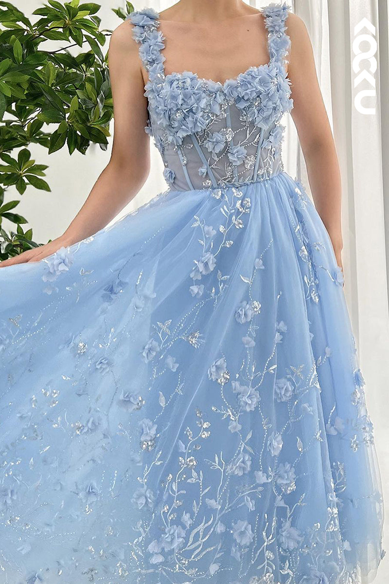 L2675 - Glamorous & Dramatic Straps Square A-line Tulle Applique Formal Prom Dress With Flower