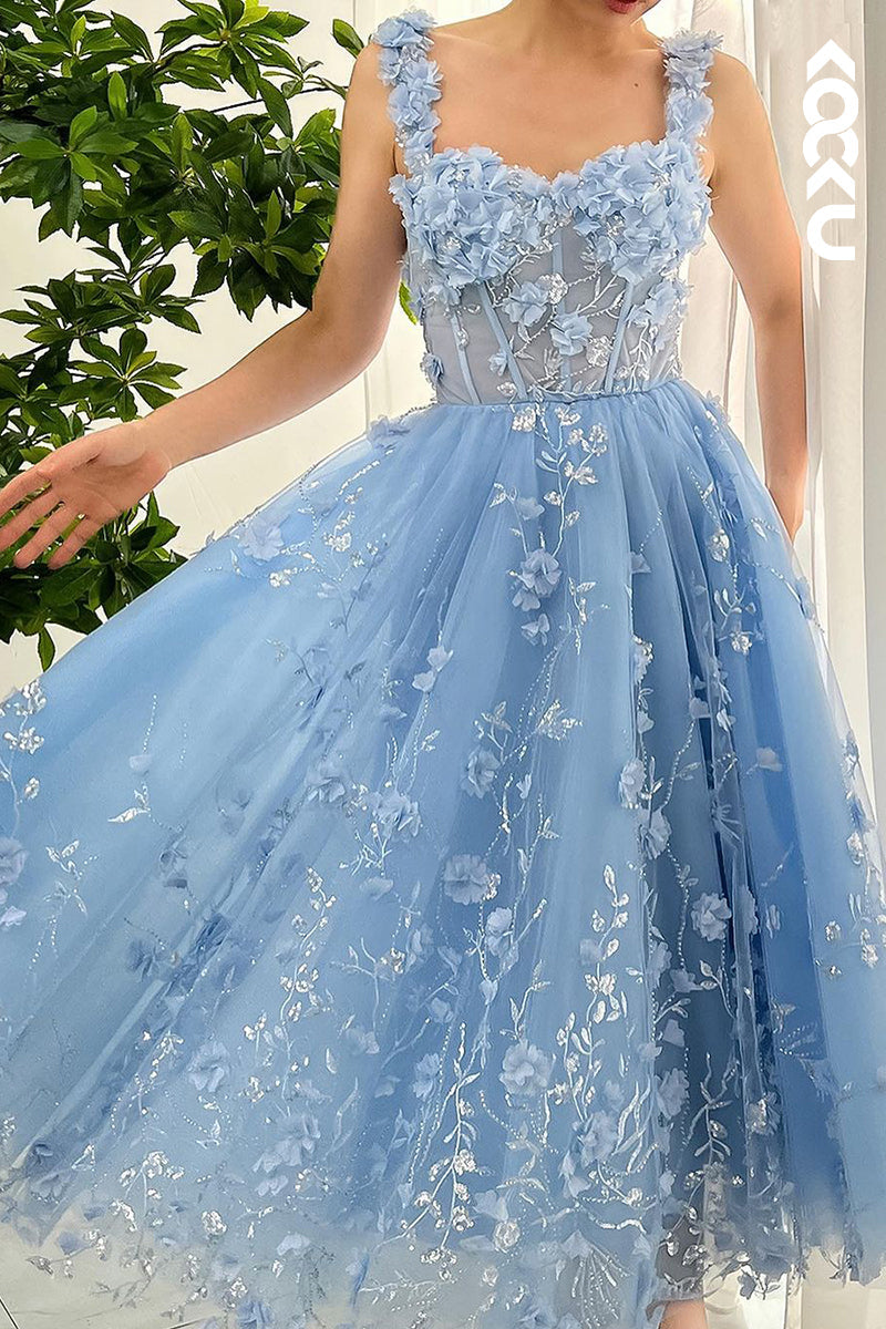 L2675 - Glamorous & Dramatic Straps Square A-line Tulle Applique Formal Prom Dress With Flower