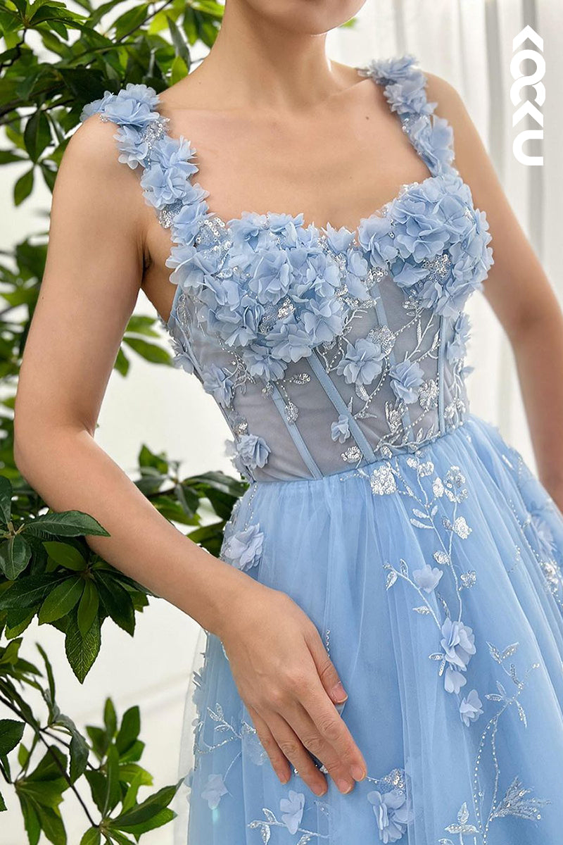 L2675 - Glamorous & Dramatic Straps Square A-line Tulle Applique Formal Prom Dress With Flower