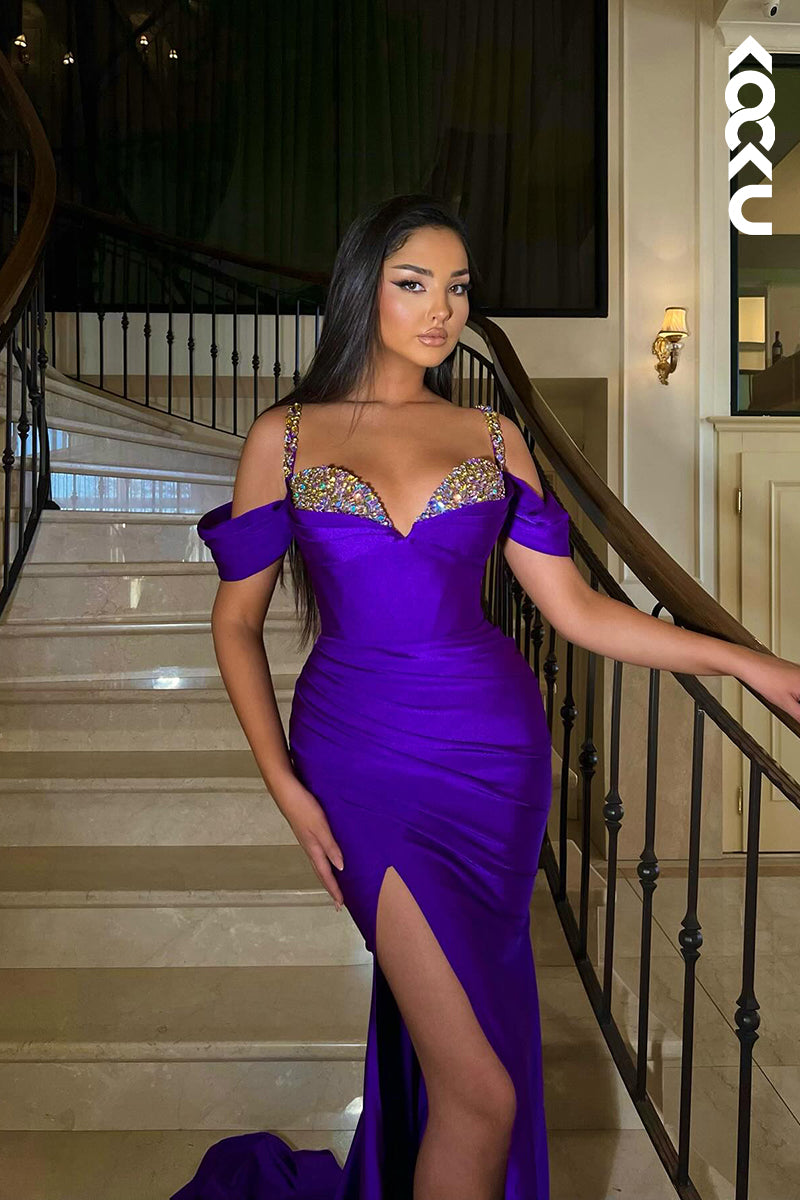 L2653 - Gorgeous & Charming Straps Cap Sleeves Side Slit Sheath Party Prom Dress With Rhinestones
