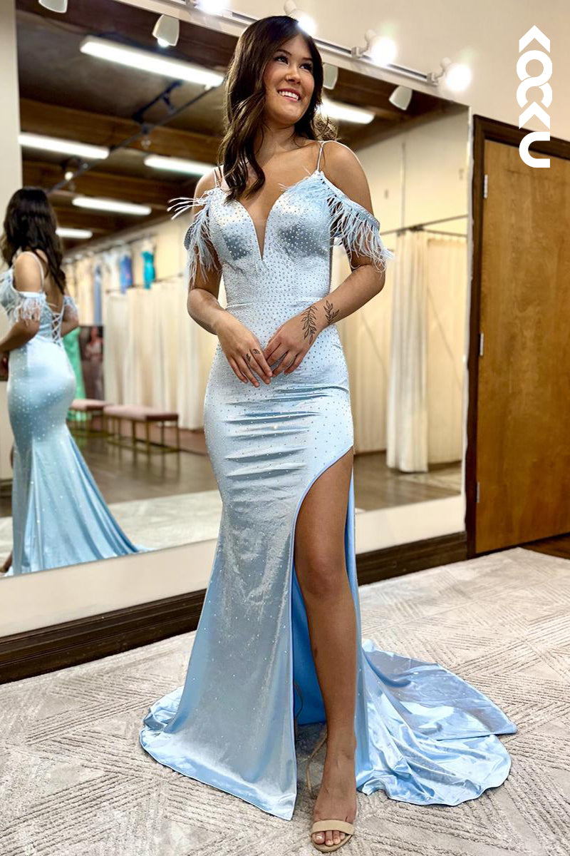 L2520 - Chic & Modern Spaghetti Straps Cap Sleeves V-Neck Side Slit Trumpet Formal Prom Dress