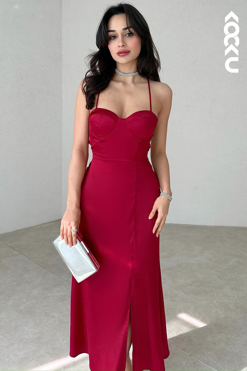 L2890 - Sexy & Hot Spaghetti Sleeveless Criss-Cross Straps Slit Holiday Party Prom Dress