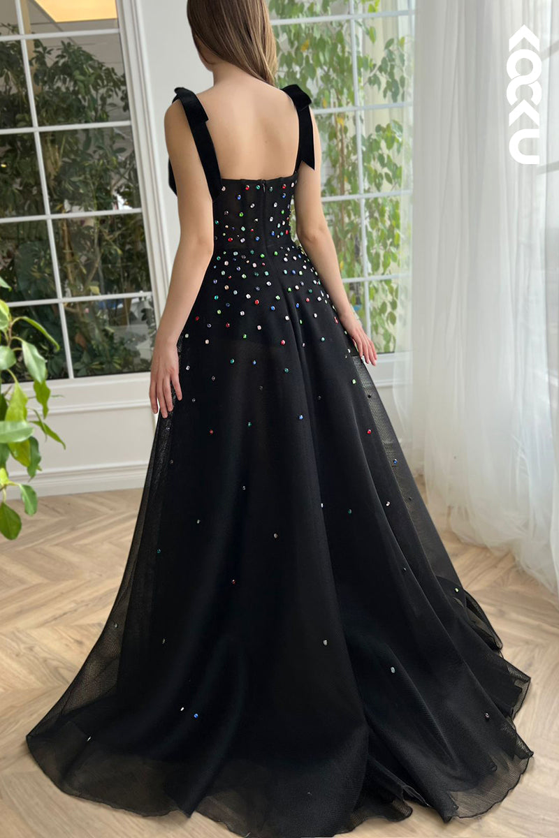 L2427 - Classic Black A-Line Sweetheart Straps Slit Tulle Formal Prom Dress With Jewel