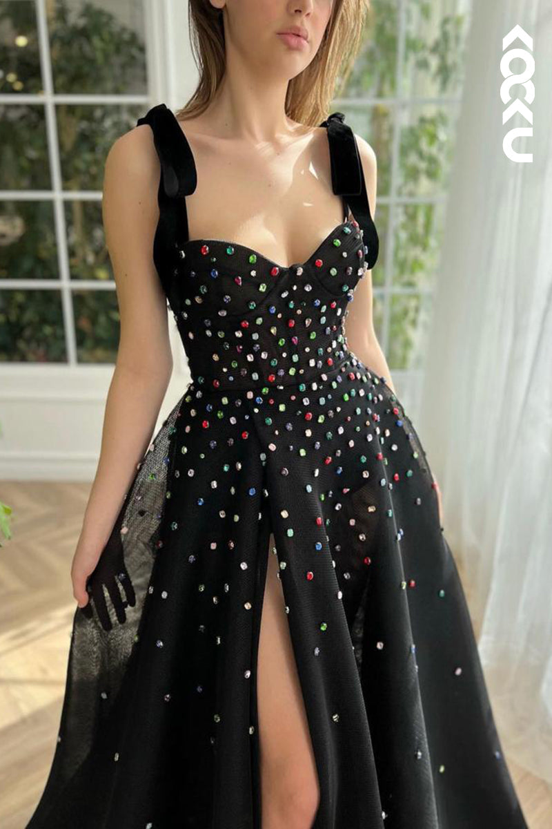 L2427 - Classic Black A-Line Sweetheart Straps Slit Tulle Formal Prom Dress With Jewel