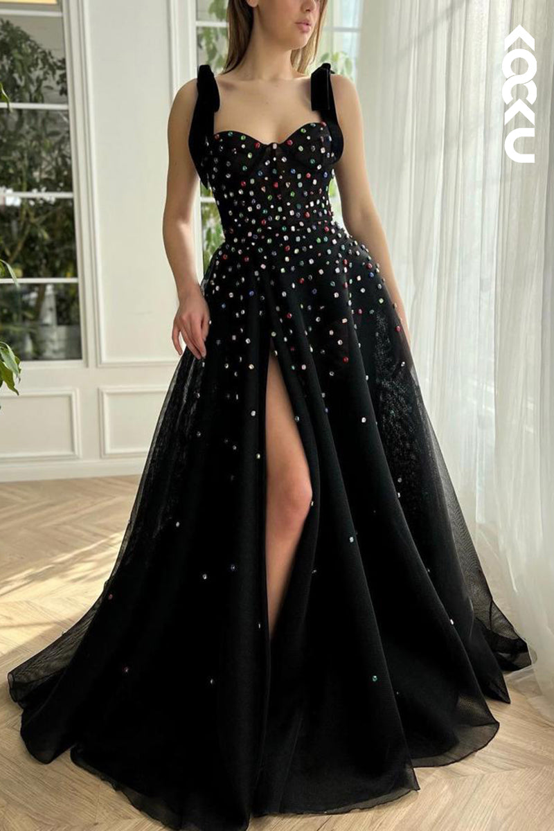 L2427 - Classic Black A-Line Sweetheart Straps Slit Tulle Formal Prom Dress With Jewel