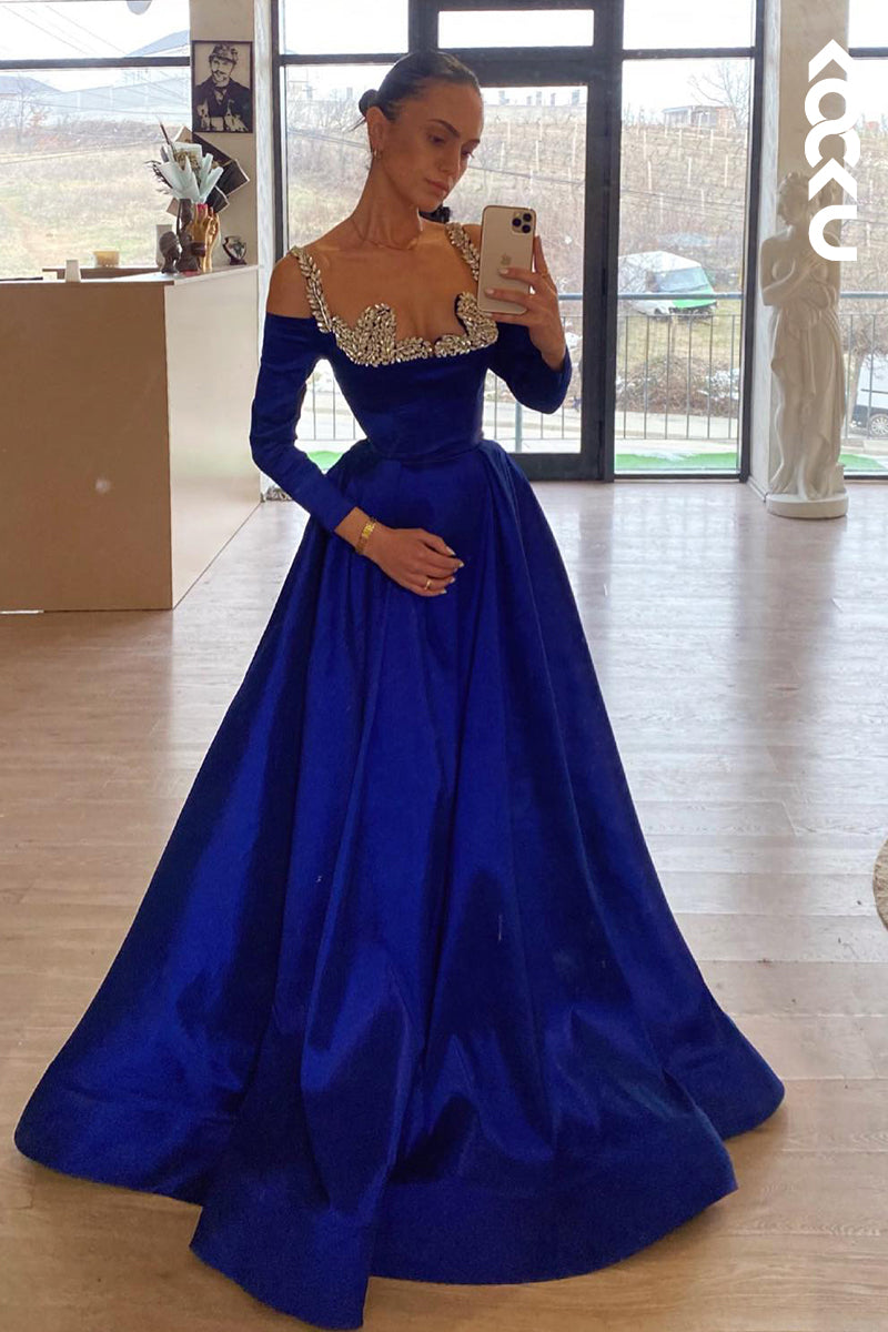 L2640 - Glamorous & Dramatic Long Sleeves Rhinestones Straps A-Line Evening Party Prom dress