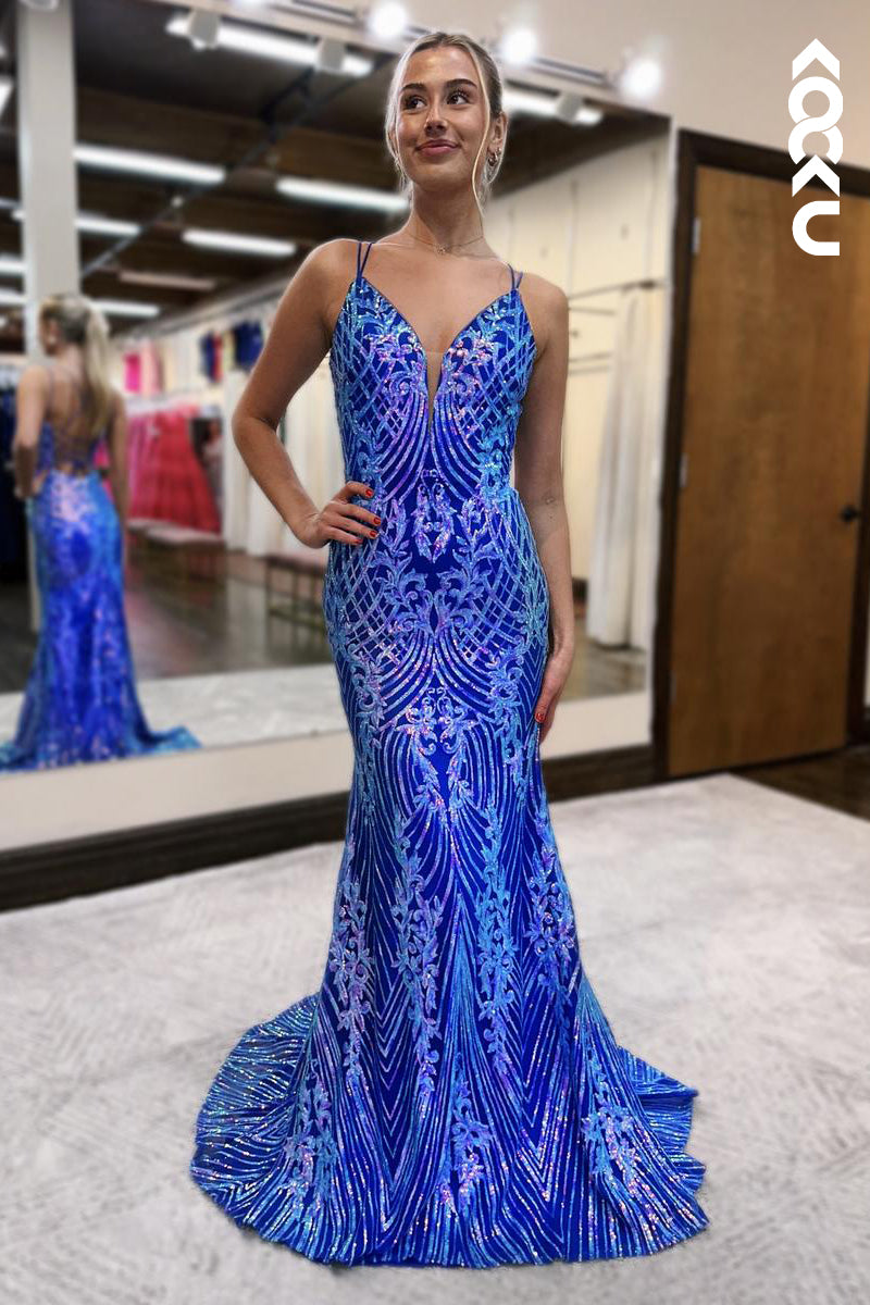 L2868 - Gorgeous & Charming V-Neck Spaghetti Straps Backless Mermaid Print Sequins Prom Dress