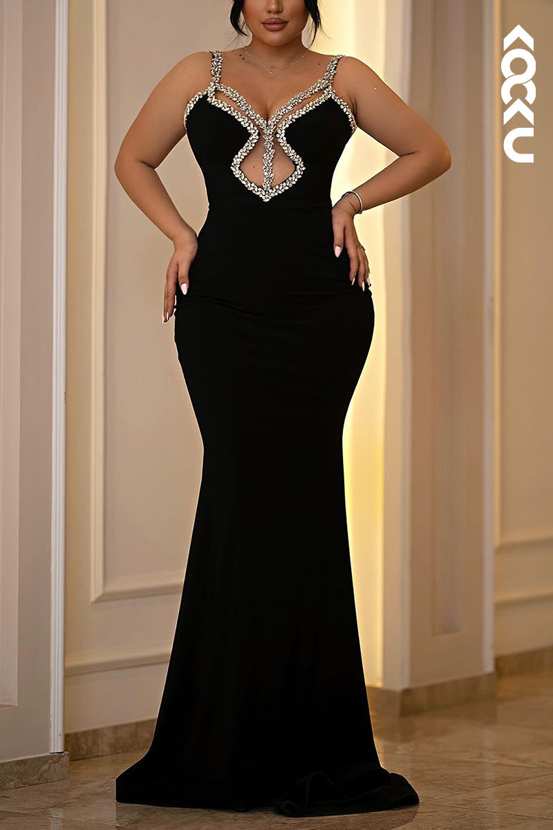 L3032 - Elegant & Luxurious Rhinestones Strpas V-Neck Trumpet Evening Party Prom Dress