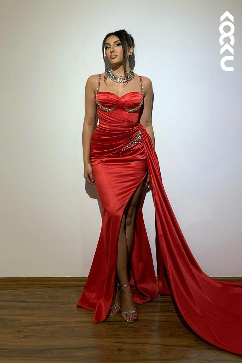 L2774 - Couture & Ornate Spaghetti Straps Side Slit Mermaid Ruched Prom Dress With Rhinestones