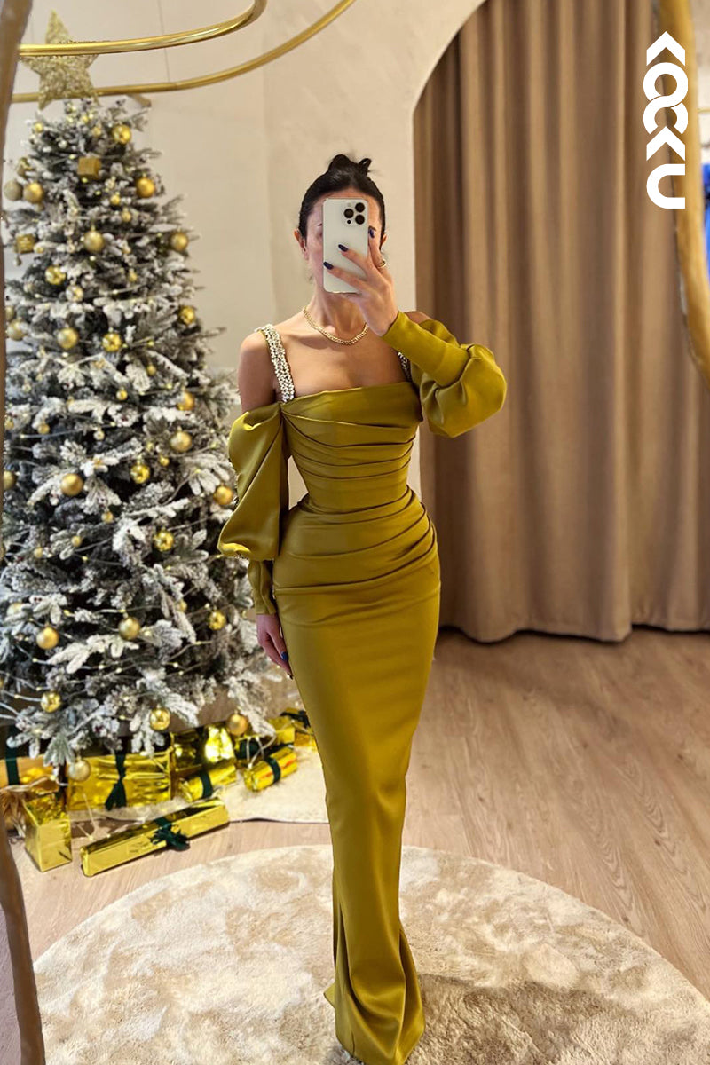 L2470 - Morden Straps Long Sleeves Off Shoulder Ruched Sheath Formal Prom Dress