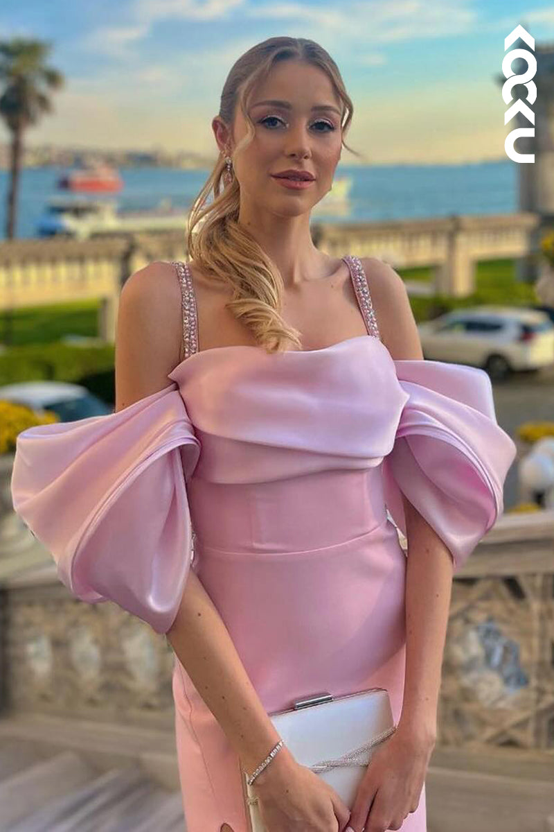 L3007 - Gorgeous & Charming Spaghetti Straps Short Sleeves Sheath Side Slit Prom Dress