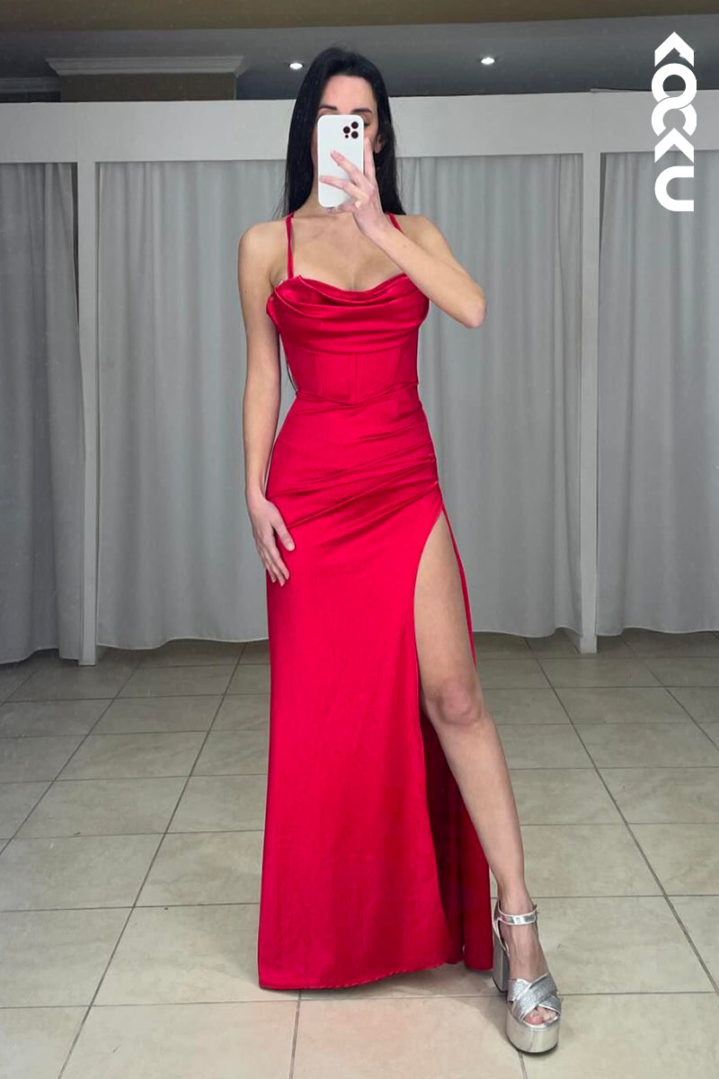 L3011 - Sheath/Column Classic Spaghetti Straps Side Slit Evening Party Prom Dress