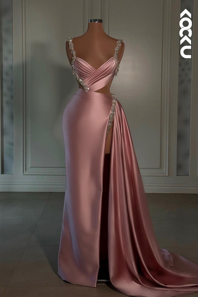 L3054 - Elegant & Luxurious Slit Sleeveless V-Neck Sheath/Column Evening Party Prom Dress