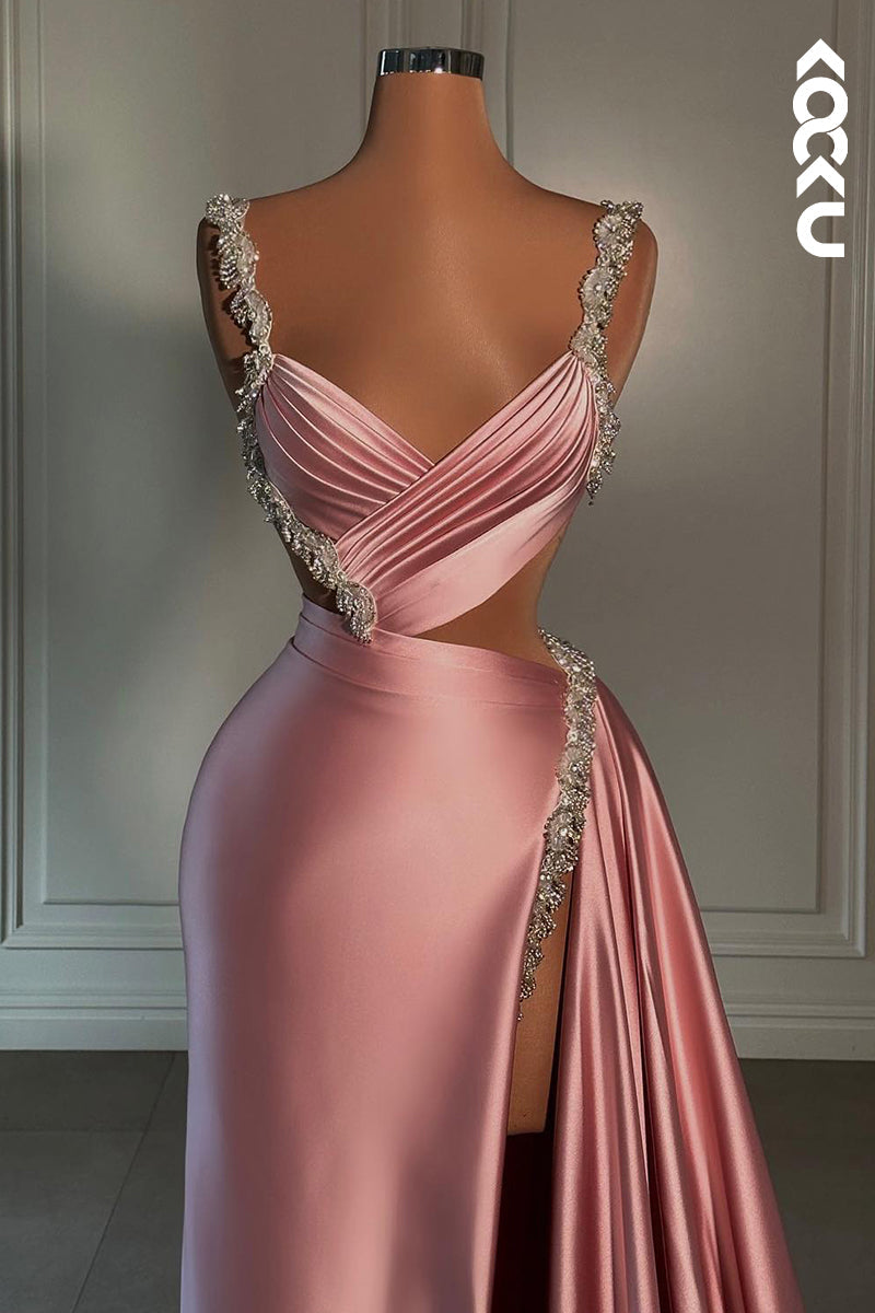 L3054 - Elegant & Luxurious Slit Sleeveless V-Neck Sheath/Column Evening Party Prom Dress
