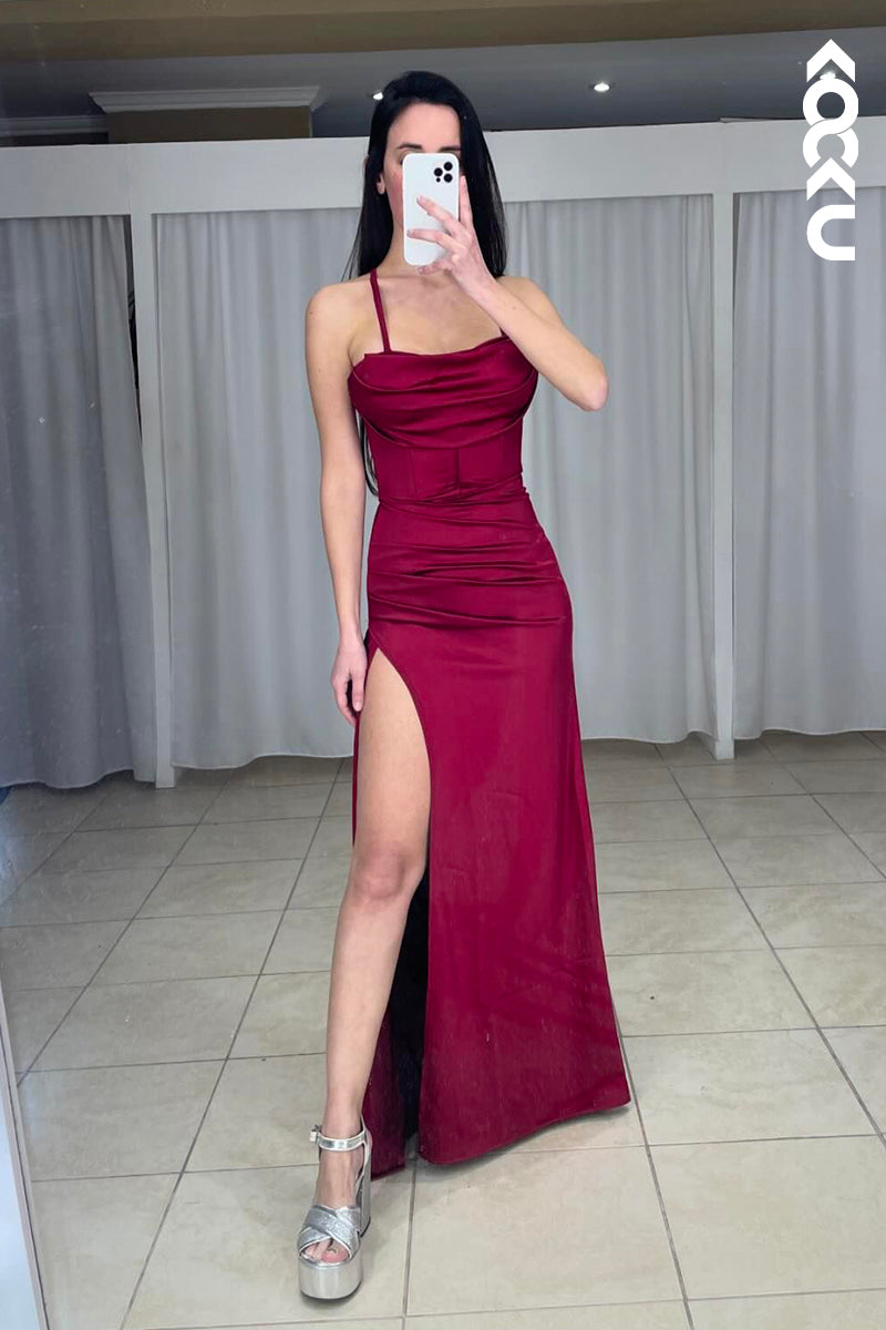 L3011 - Sheath/Column Classic Spaghetti Straps Side Slit Evening Party Prom Dress