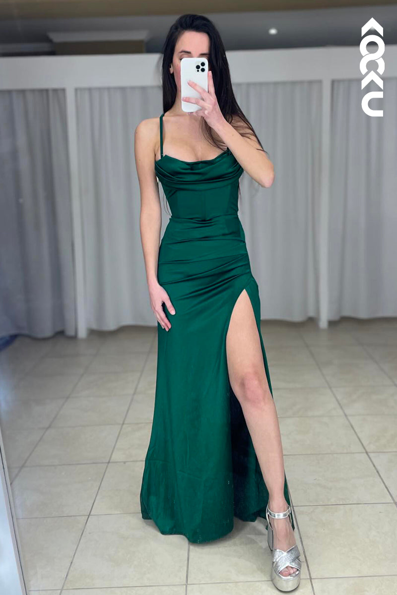 L3011 - Sheath/Column Classic Spaghetti Straps Side Slit Evening Party Prom Dress