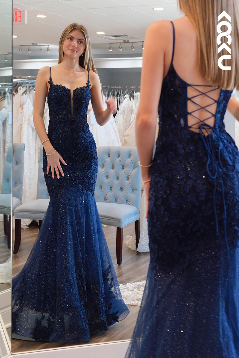 L3035 - Couture & Ornate Spaghetti Straps Mermaid Sparkly Lace up Evening Prom Dress