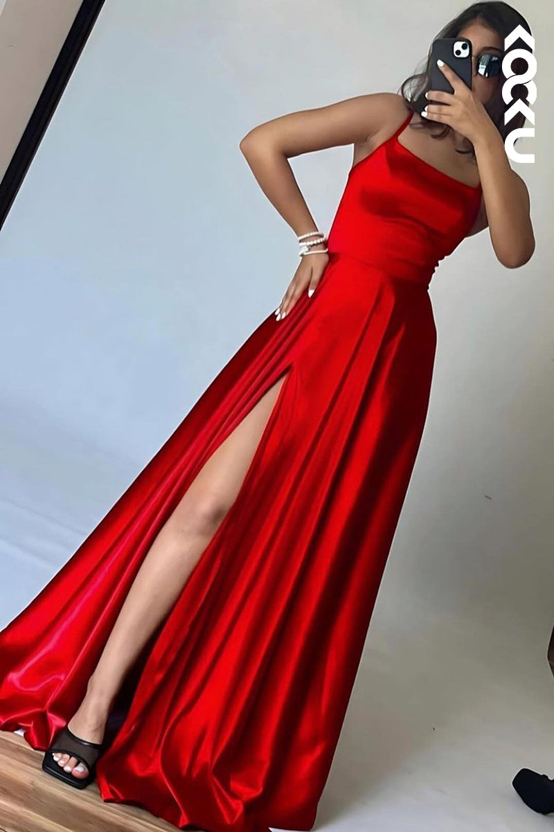 L2842 - Classic & Timeless A-Line Soaghetti Criss-Cross Straps Side Slit Formal Prom Dress