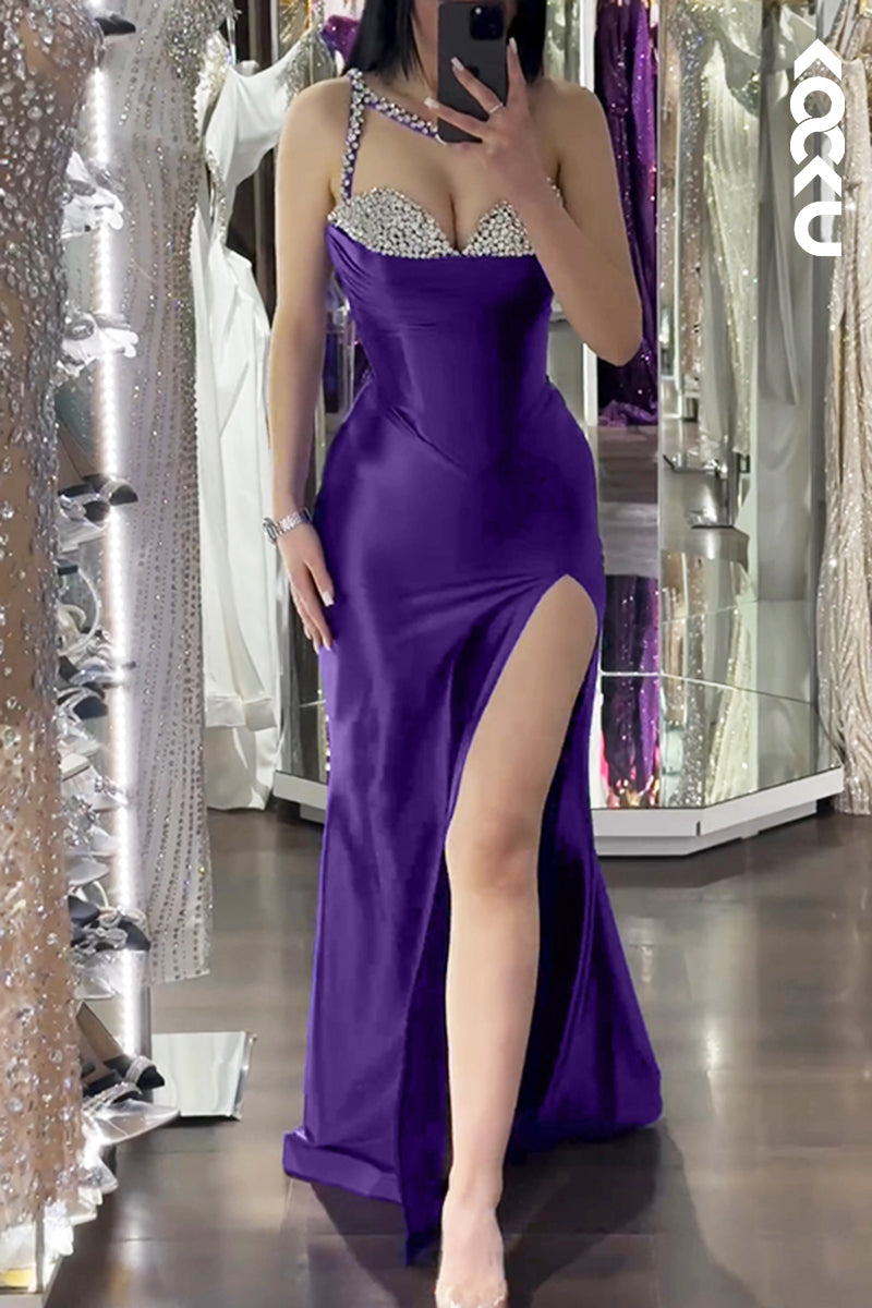 L3047 - Couture & Ornate Spaghetti Straps Sleeveless V-Neck Slit Evening Party Prom Dress With Rhinestones