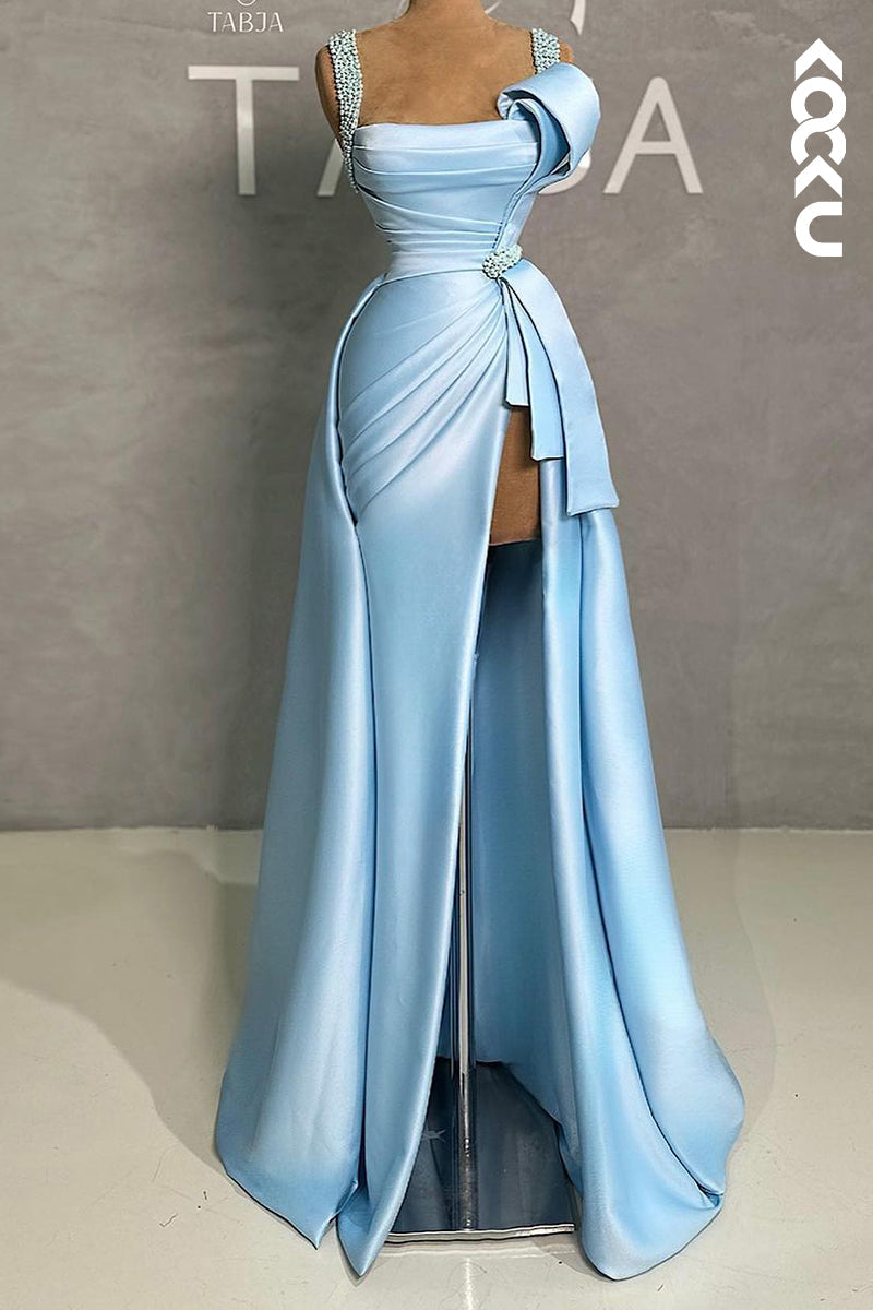 L2718 - Glamorous & Dramatic Beaded Straps A-line Slit Ruched Formal Prom Dress