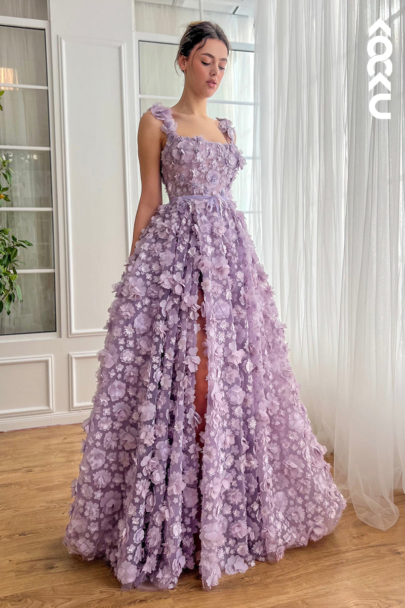 L2667 - Glamorous & Dramatic Straps Square A-line Formal Party Prom Dress With Flower
