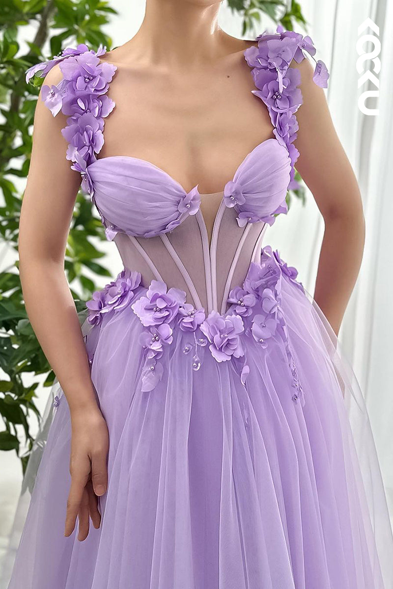 L2674 - Gorgeous & Charming Straps V-neck A-line Tulle Formal Prom Dress With Flower